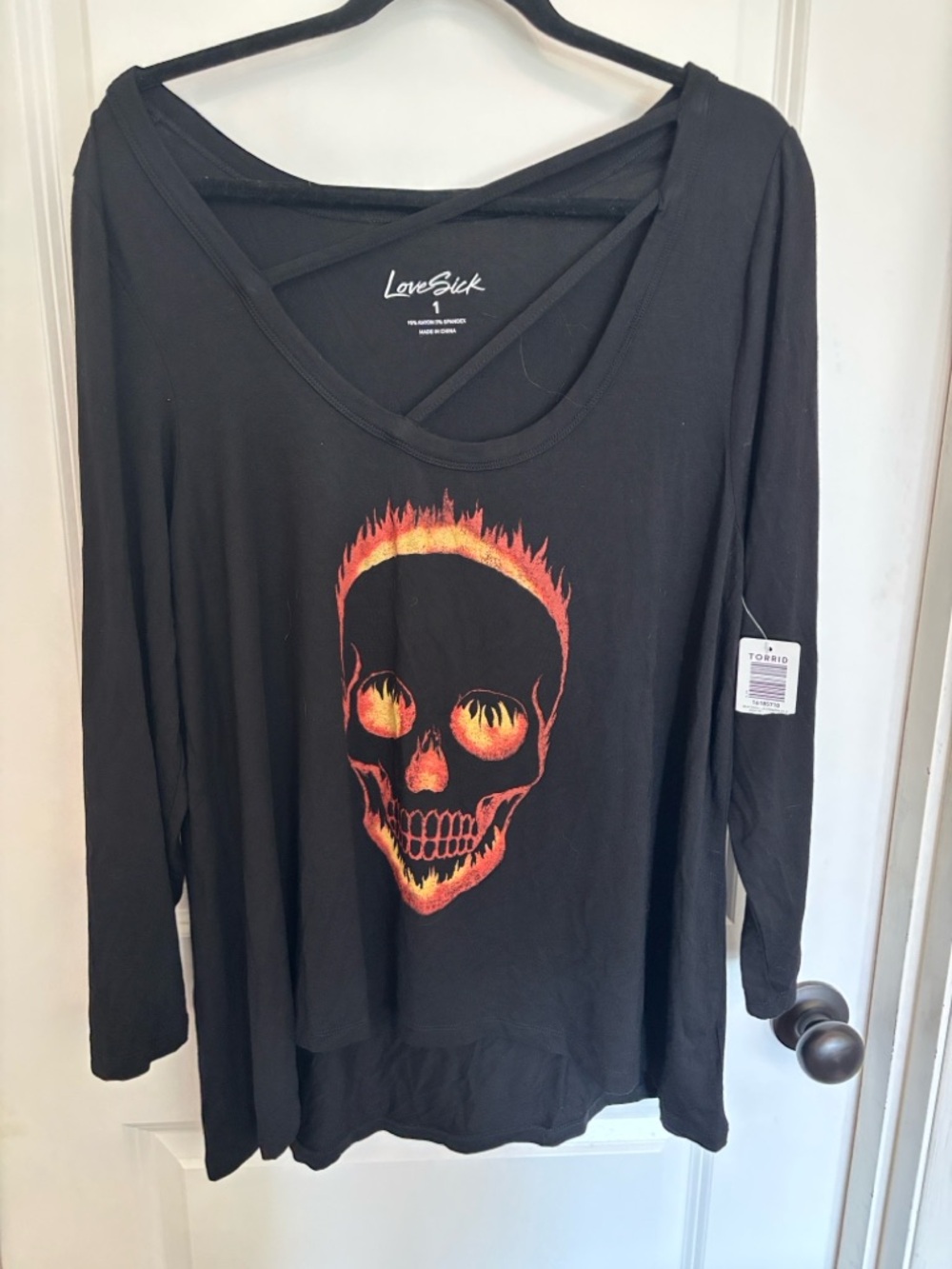 Lovesick Black Long-Sleeve Top with Fiery Skull Graphic